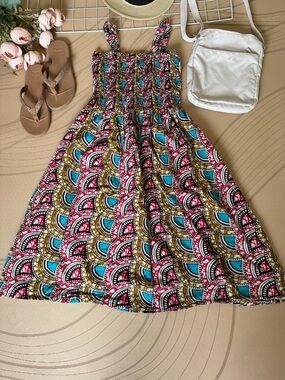 Women’s Smocked Print Skirt — Pink, Turquoise & Brown